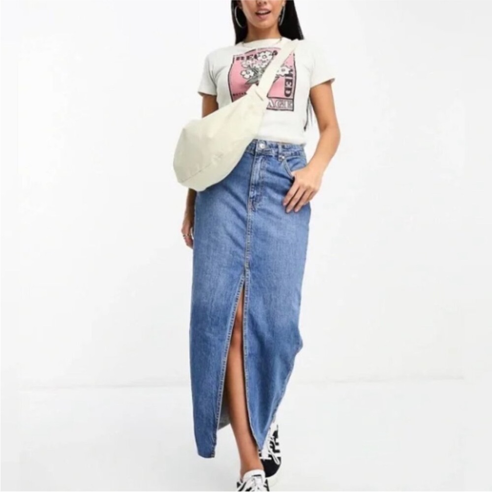 stradivarius Blue Denim Maxi Skirt with Front Slit